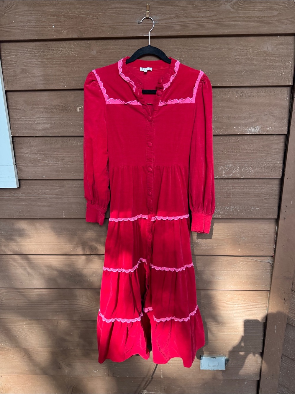 Long-Sleeve Tiered Dress with Pink Trim